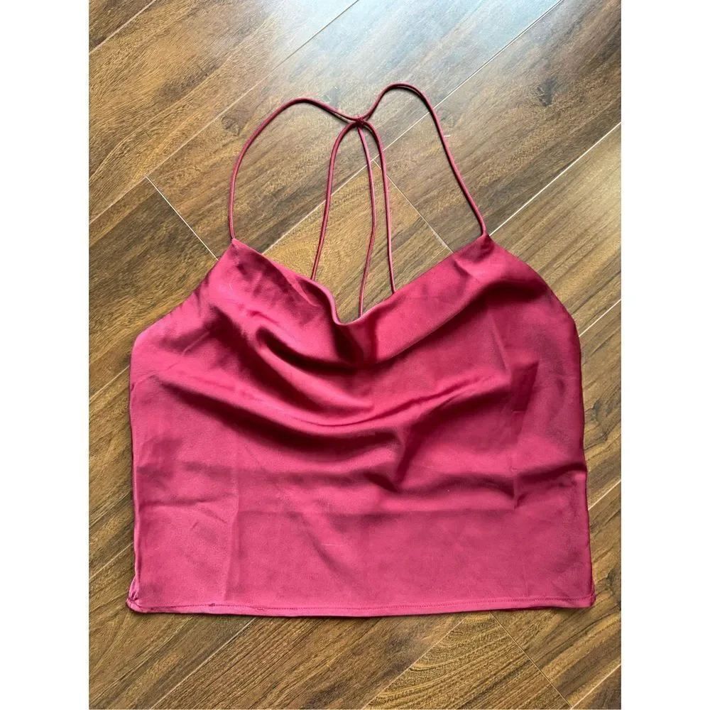 Lulus L burgundy spaghetti strappy drape crop top